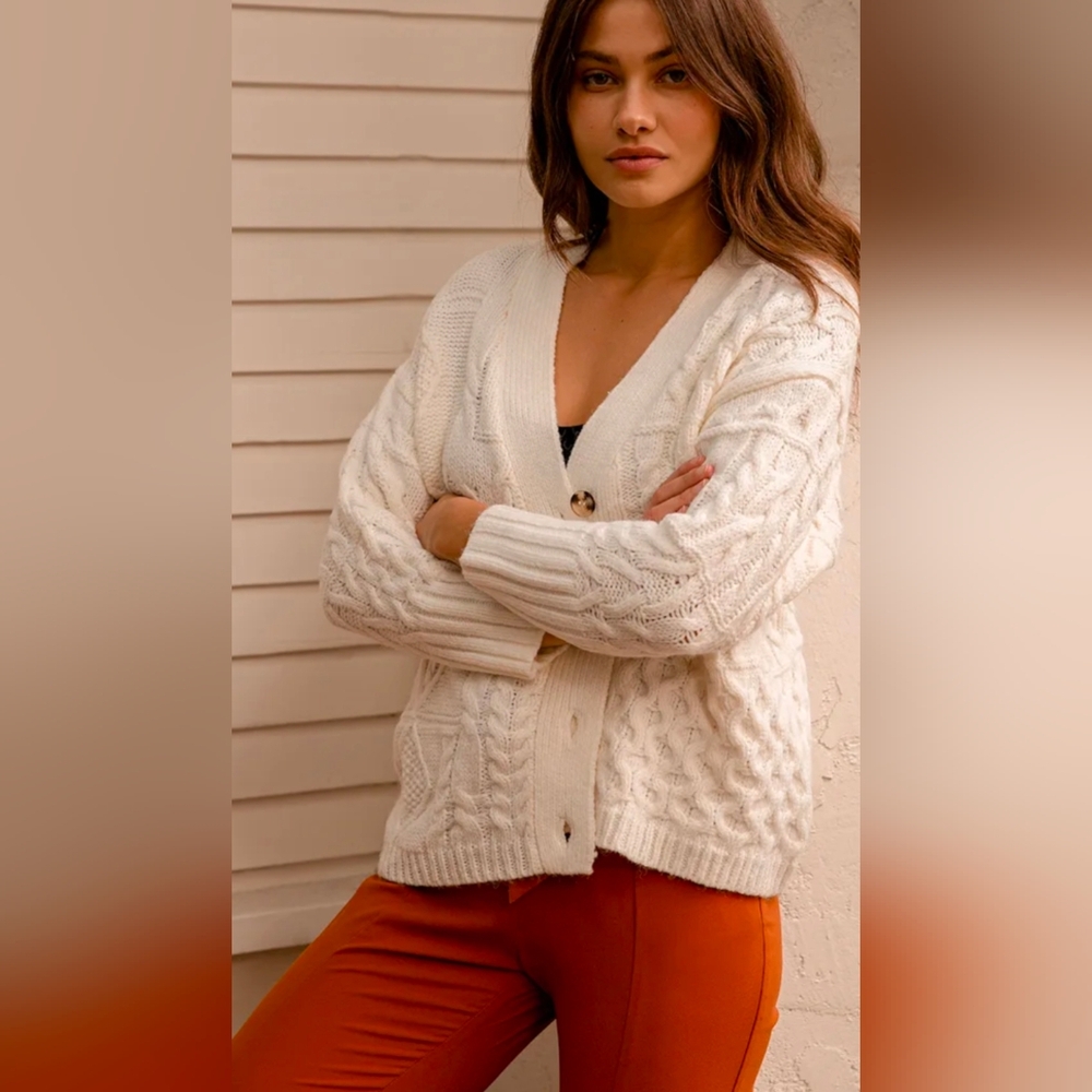 Lulus Women's Ivory Cable Knit Oversized Cardigan Sweater